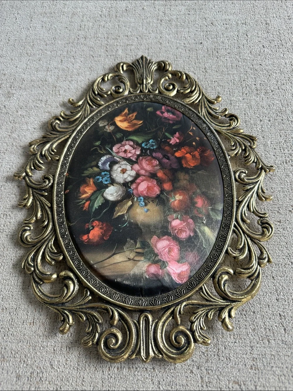 Vintage Italian Brass Oval Frame with Silk Floral Panel - 13” x 10”